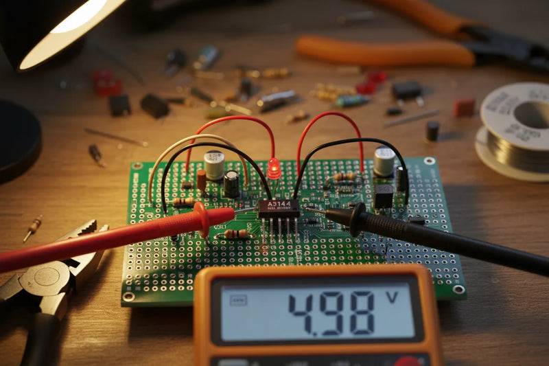 Multimeter measuring voltage output from A3144 Hall Effect sensor on PCB