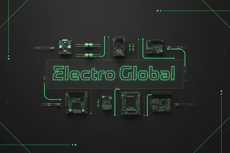 Flat-lay of reed switch components and PCBs with neon green accents and brand logo