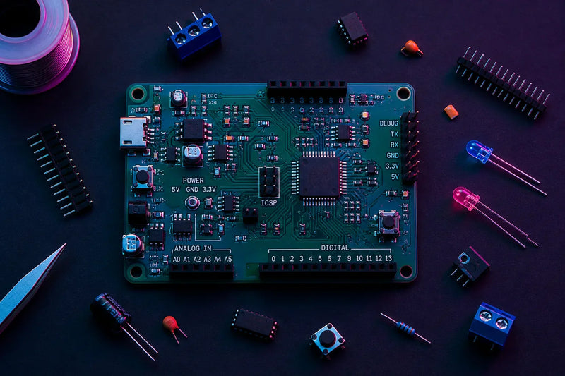 Top view of PCB and electronic components on dark matte surface with neon lighting