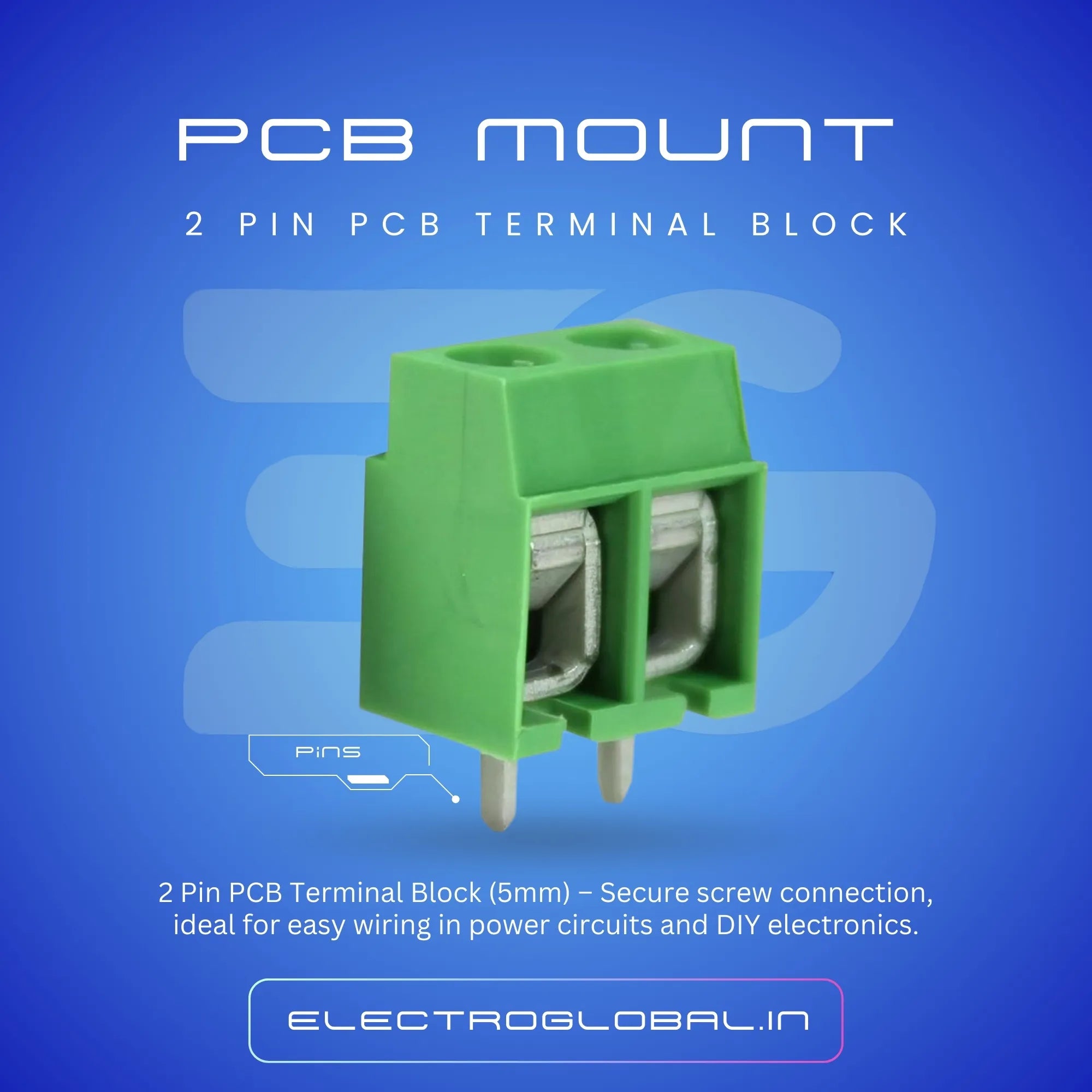 2 Pin PCB Mount Terminal Block (Screw type) - 5mm Pitch