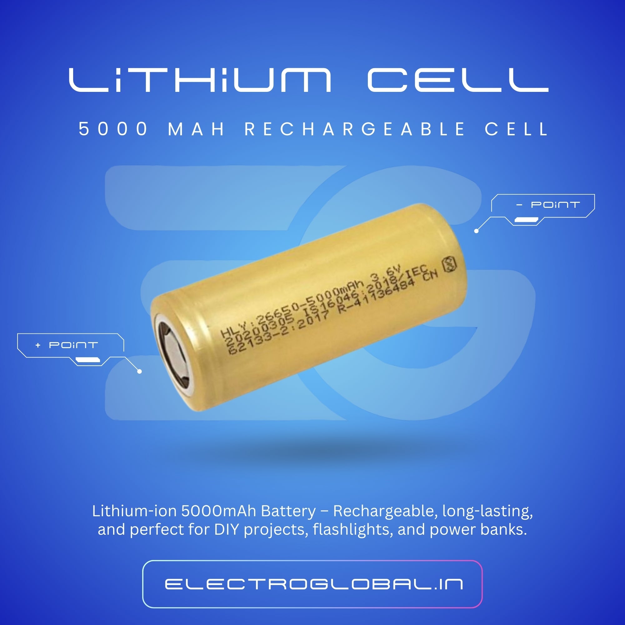 26650 - 5000mAh 3.6V/4.2V Lithium-Ion Rechargeable Batteries, 26650 Battery, 5000mah 26650 Battery, For Electronics Projects & Practical Use, Pack of 1 Secondary image