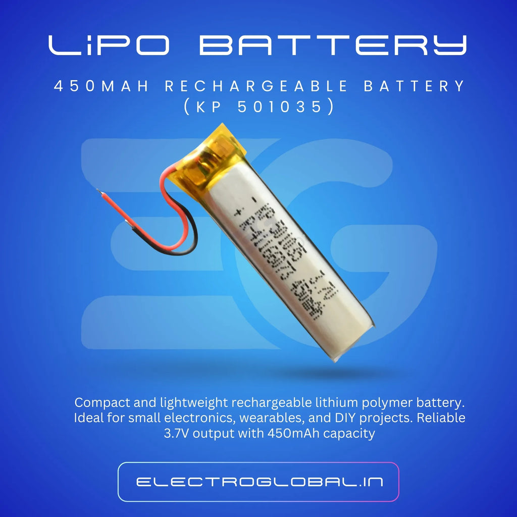 3.7V 450 mAh Li-Po rechargeable battery (KP 501035).