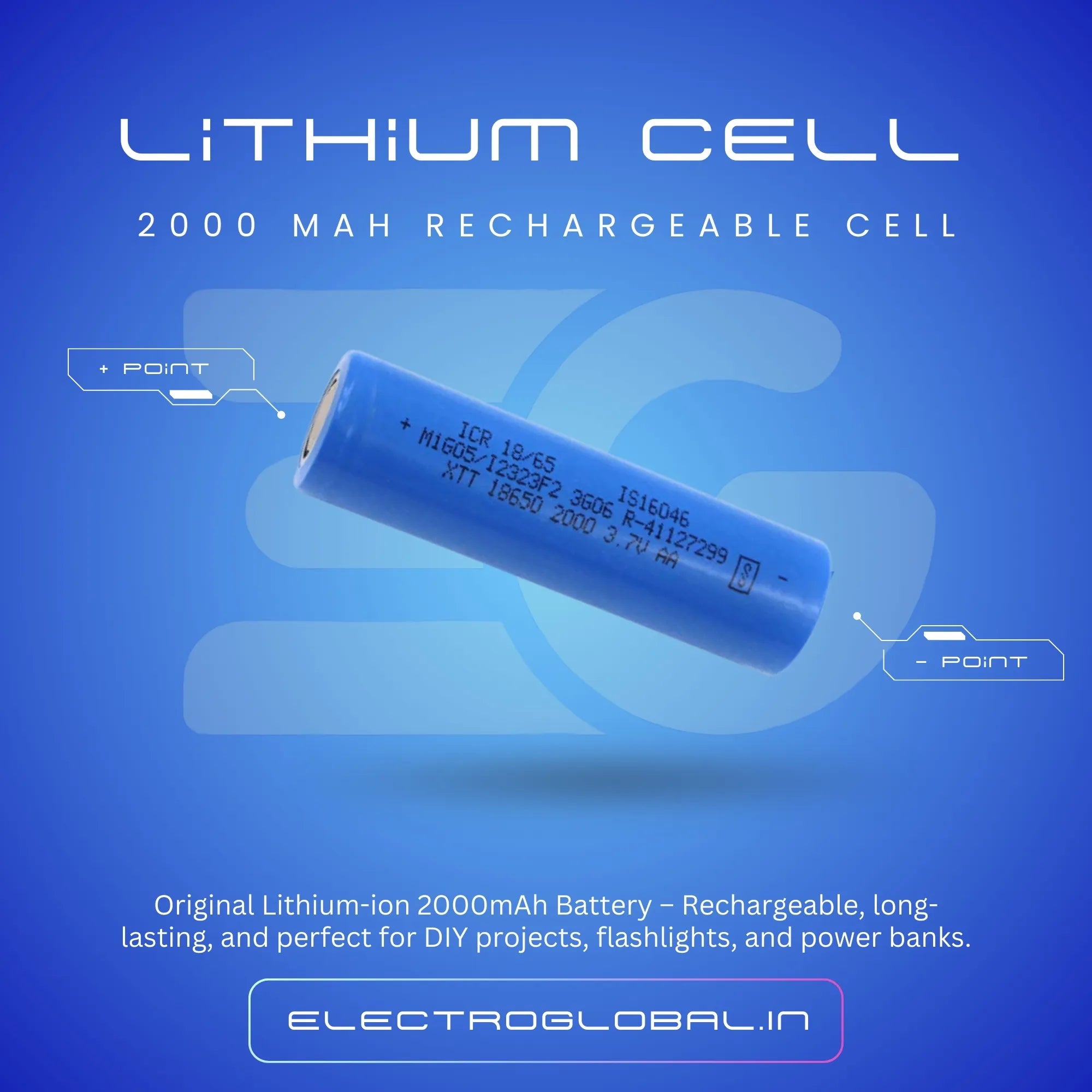 18650 Lithium Ion 2000mAh Rechargeable Battery, 18650 li ion battery, 2000mah battery, Pack of 1 for Testing & Repair Use Main image
