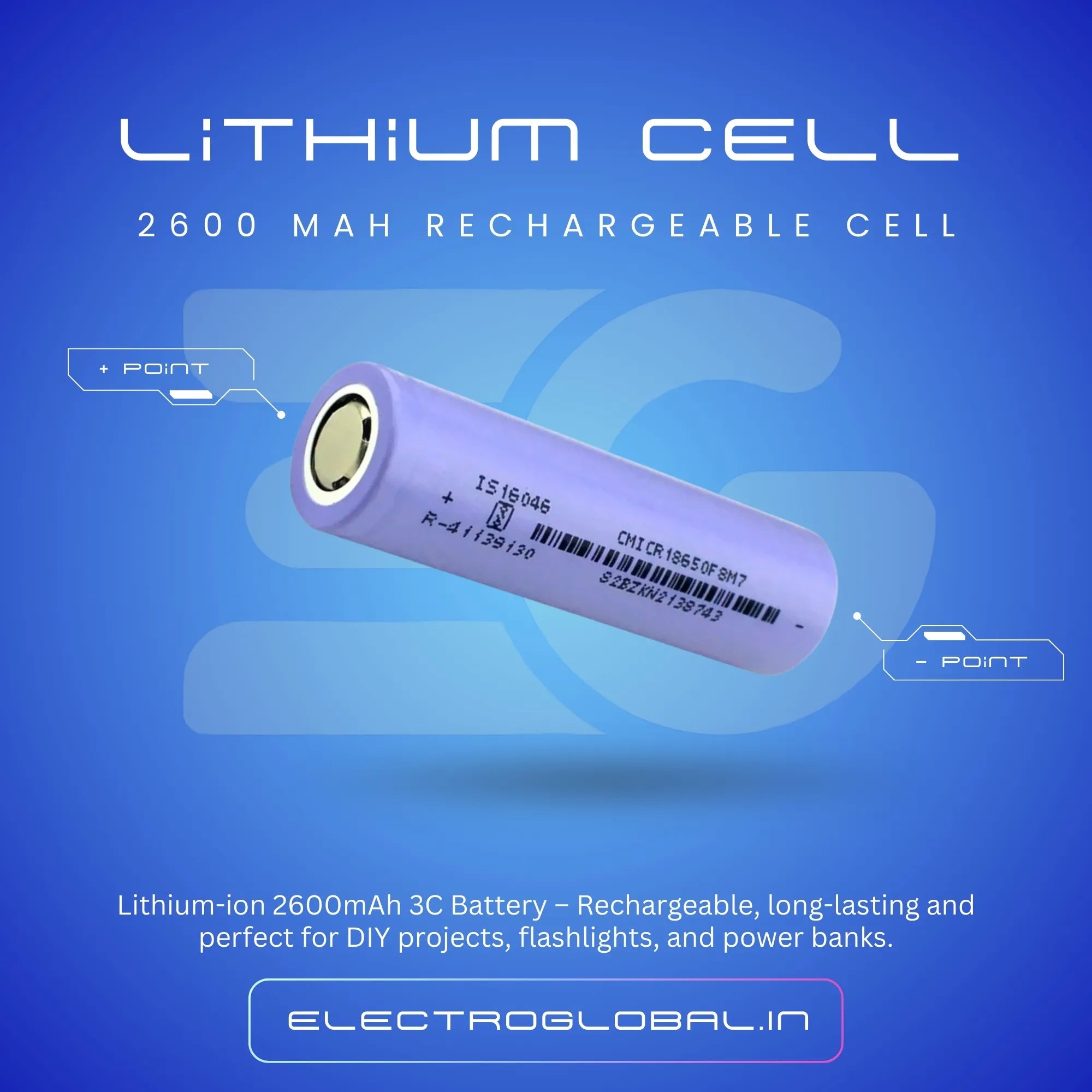 18650 Lithium Ion 2600mAh Battery - 18650 lithium ion battery, 2600 mah battery, 18650 rechargeable battery, Pack of 1